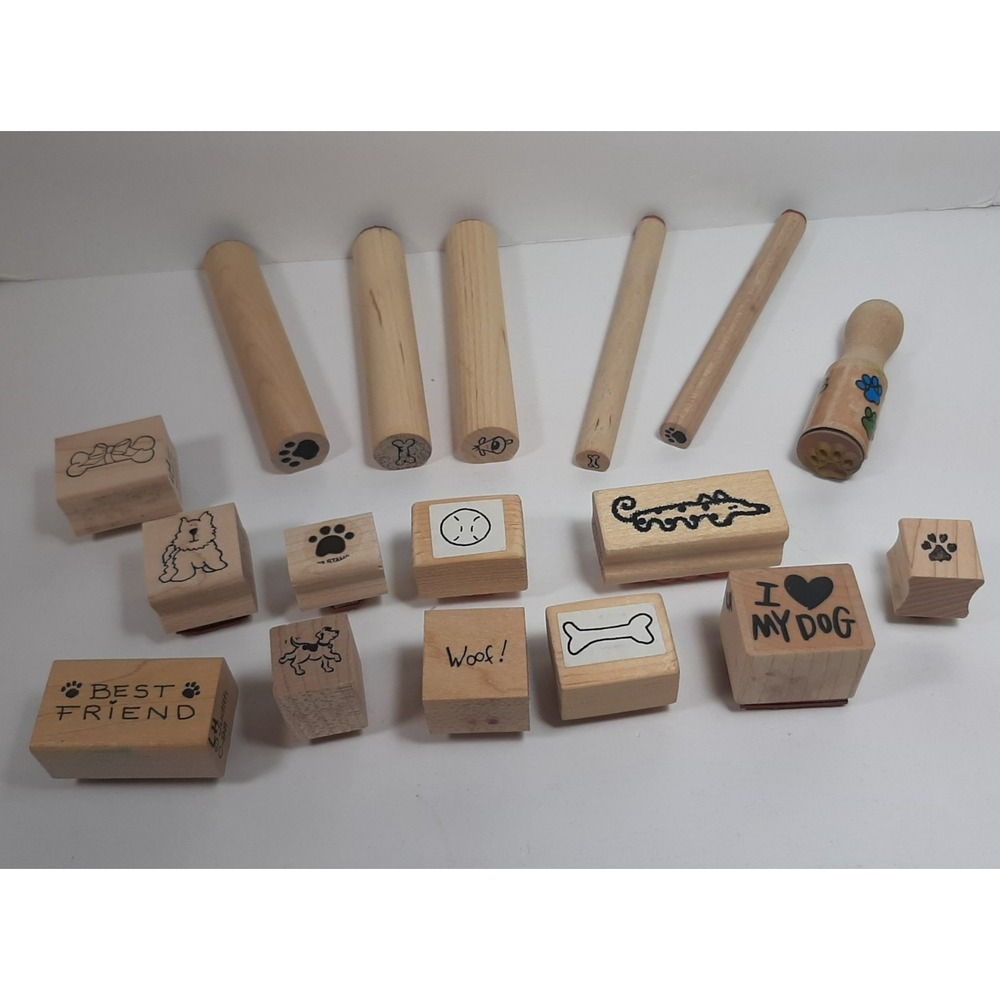 Lot of Small 17 Dog Rubber Stamps Puppy Canine Dog Bone Paw Prints Words Etc.